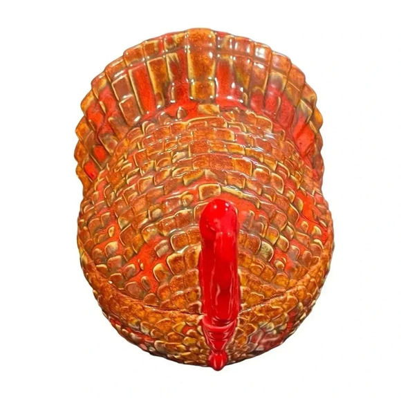 Vintage 80s Hand Painted Ceramic Turkey Covered Thanksgiving Dish - Picture 2 of 11
